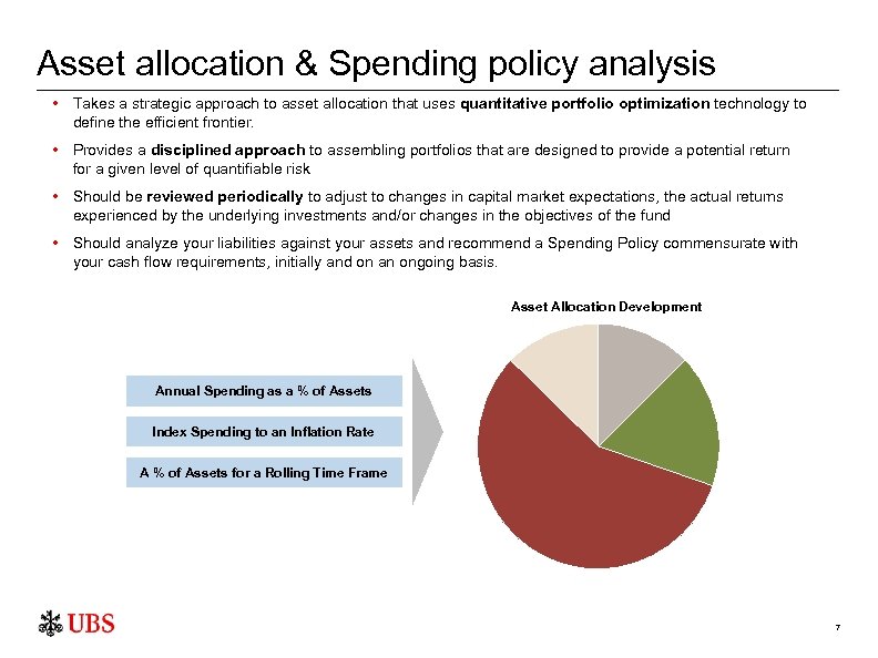 Asset allocation & Spending policy analysis • Takes a strategic approach to asset allocation