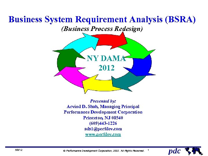Business System Requirement Analysis (BSRA) (Business Process Redesign) NY DAMA 2012 Presented by: Arvind