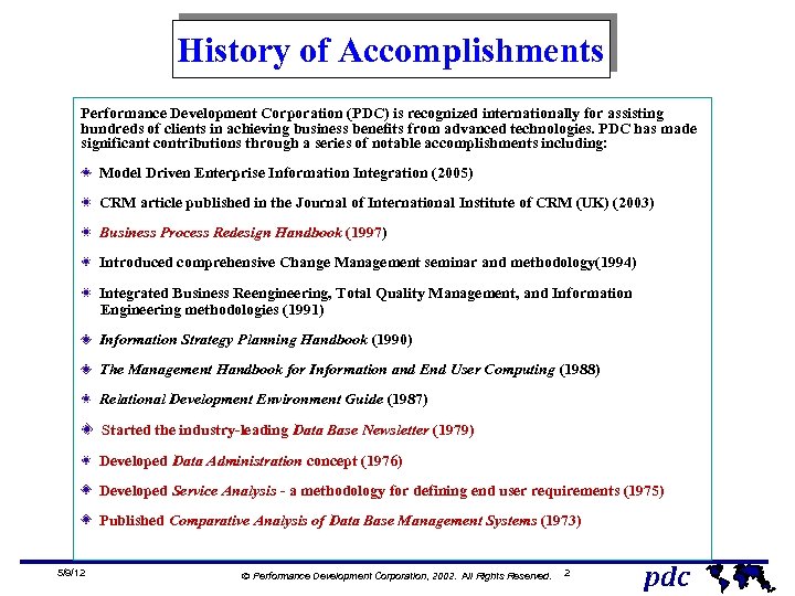 History of Accomplishments Performance Development Corporation (PDC) is recognized internationally for assisting hundreds of
