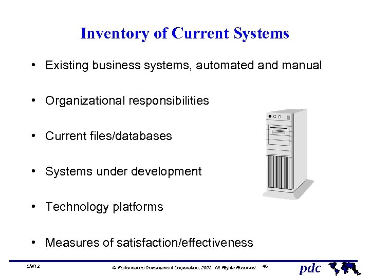 Inventory of Current Systems • Existing business systems, automated and manual • Organizational responsibilities