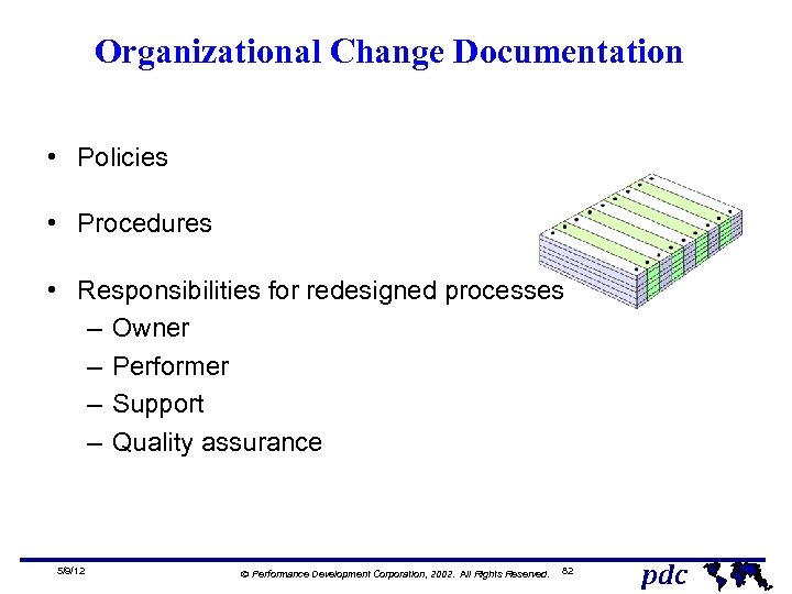 Organizational Change Documentation • Policies • Procedures • Responsibilities for redesigned processes – Owner