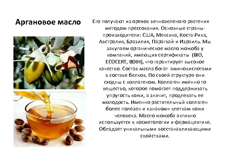 Аргановое масло Его получают из орехов вечнозеленого растения методом прессования. Основные страныпроизводители: США, Мексика,