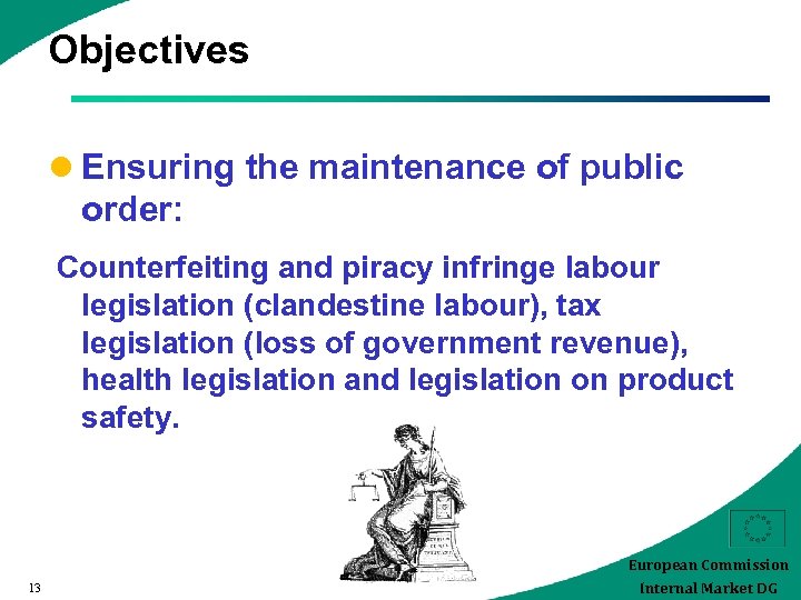 Objectives l Ensuring the maintenance of public order: Counterfeiting and piracy infringe labour legislation