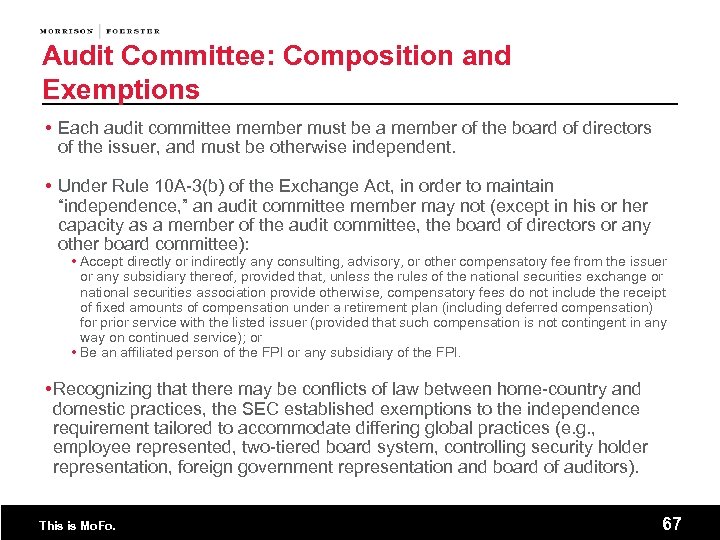 Audit Committee: Composition and Exemptions Each audit committee member must be a member of