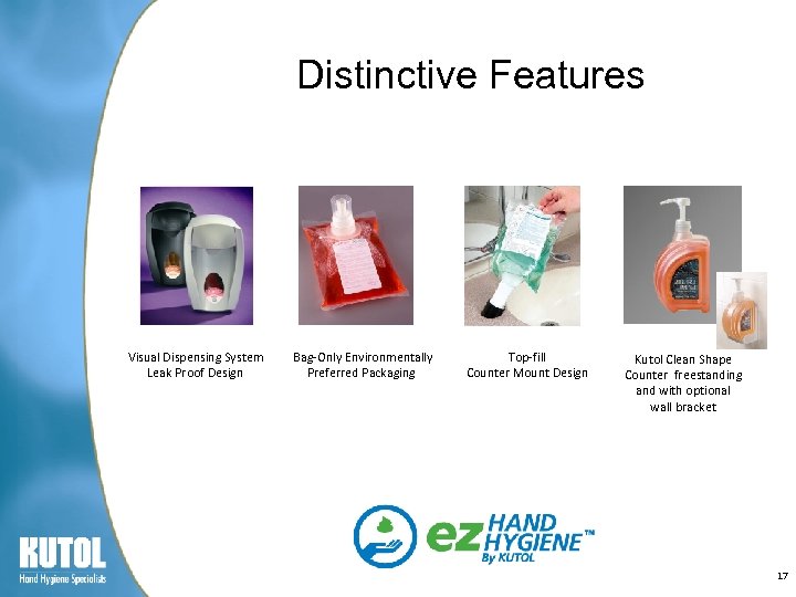 Distinctive Features Visual Dispensing System Leak Proof Design Bag-Only Environmentally Preferred Packaging Top-fill Counter