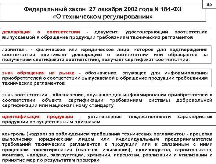 Федеральный закон 27 декабря 2002 года N 184 -ФЗ «О техническом регулировании» 85 декларация