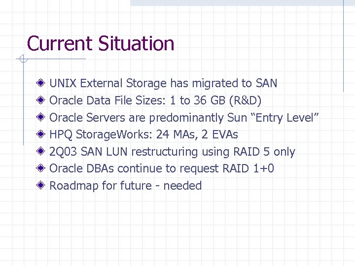 Current Situation UNIX External Storage has migrated to SAN Oracle Data File Sizes: 1