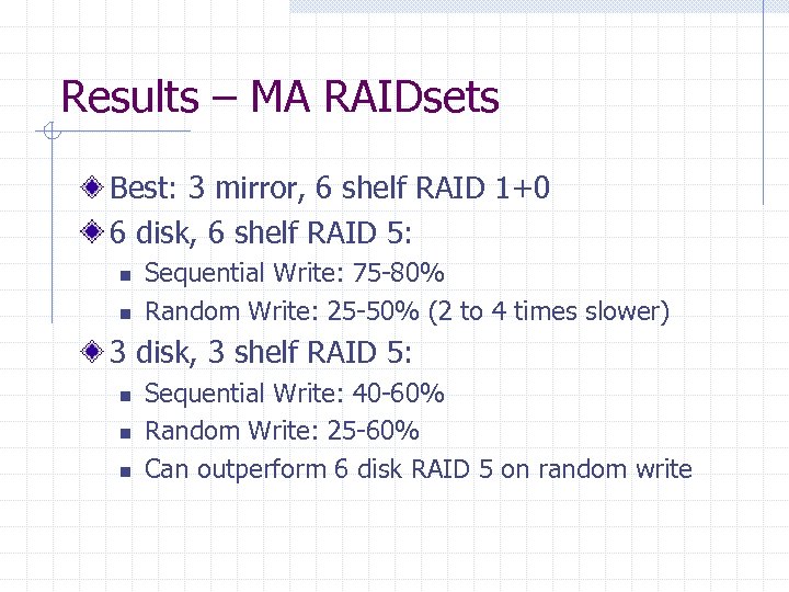 Results – MA RAIDsets Best: 3 mirror, 6 shelf RAID 1+0 6 disk, 6