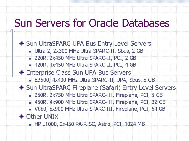 Sun Servers for Oracle Databases Sun Ultra. SPARC UPA Bus Entry Level Servers n