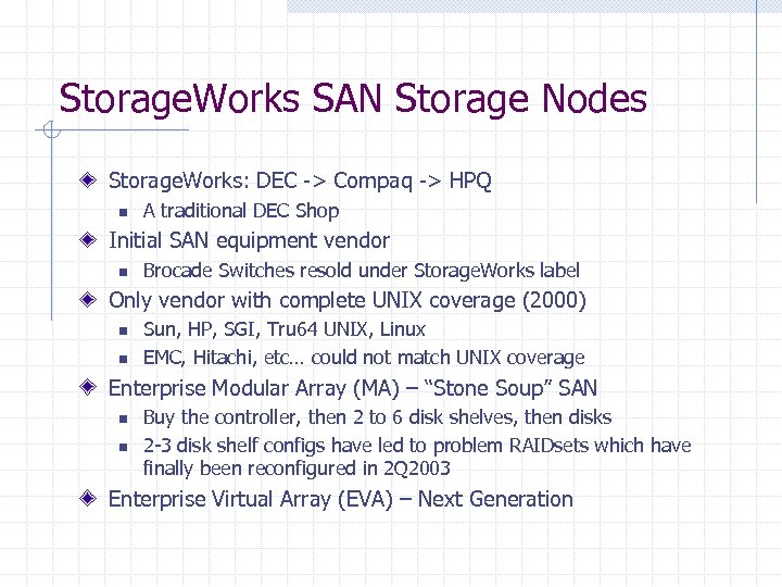 Storage. Works SAN Storage Nodes Storage. Works: DEC -> Compaq -> HPQ n A