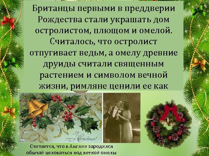 Британцы первыми в преддверии Рождества стали украшать дом остролистом, плющом и омелой. Считалось, что