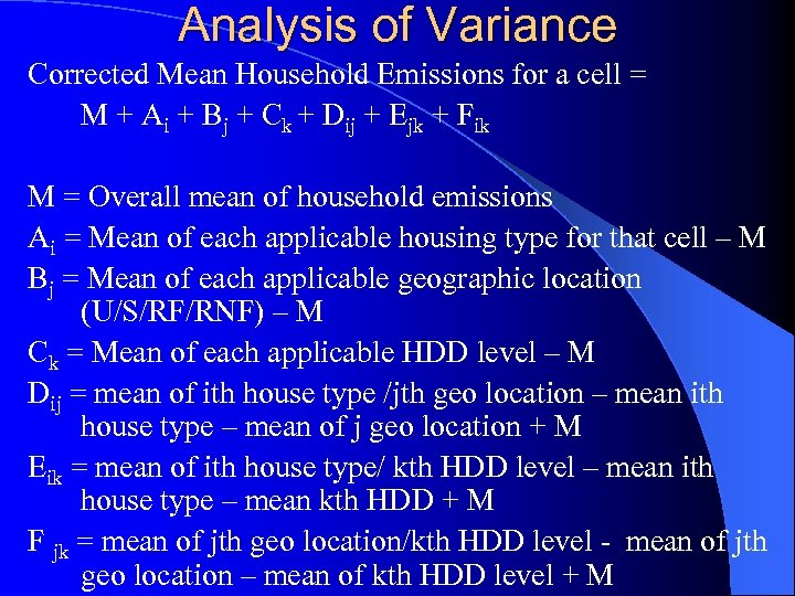 Analysis of Variance Corrected Mean Household Emissions for a cell = M + Ai
