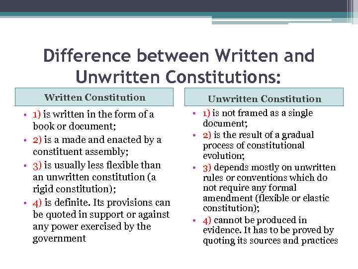 Difference between Written and Unwritten Constitutions: Written Constitution • 1) is written in the