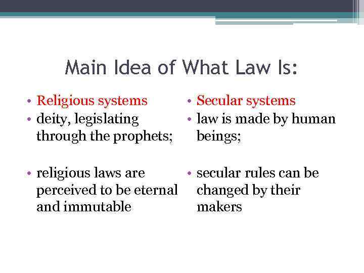 Main Idea of What Law Is: • Secular systems • Religious systems • law