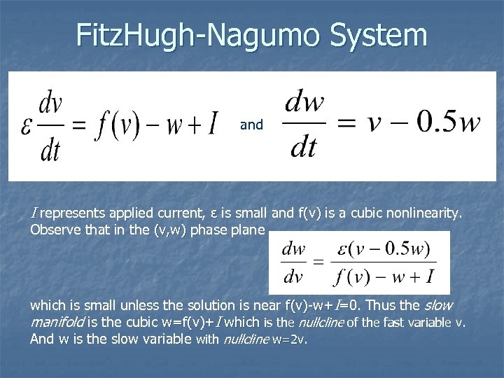 Fitz. Hugh-Nagumo System and I represents applied current, ε is small and f(v) is