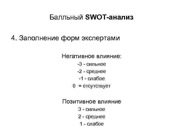 Балльный SWOT-анализ 4. Заполнение форм экспертами Негативное влияние: -3 - сильное -2 - среднее