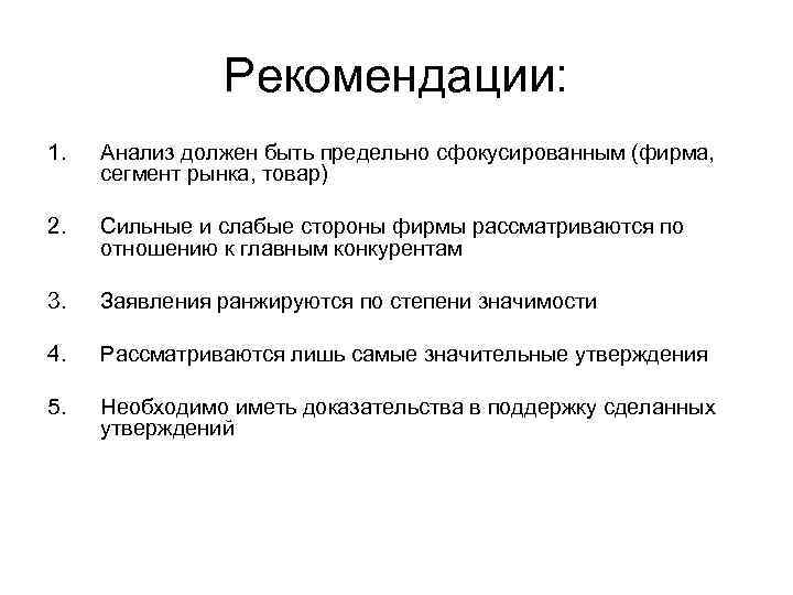 Рекомендации: 1. Анализ должен быть предельно сфокусированным (фирма, сегмент рынка, товар) 2. Сильные и