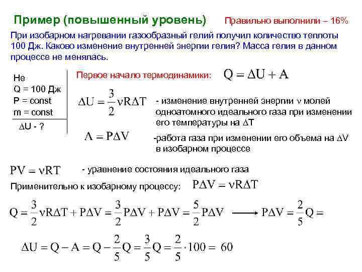 Пример (повышенный уровень) Правильно выполнили – 16% При изобарном нагревании газообразный гелий получил количество