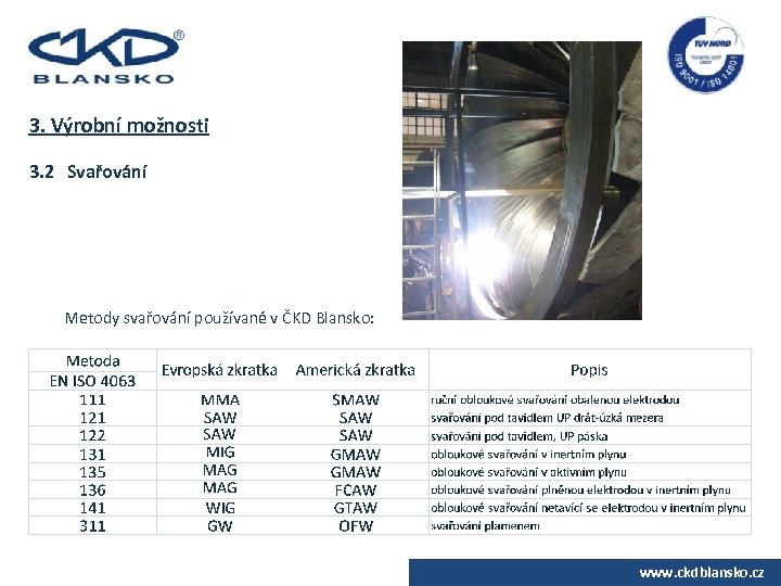 3. Výrobní možnosti 3. 2 Svařování Metody svařování používané v ČKD Blansko: www. ckdblansko.