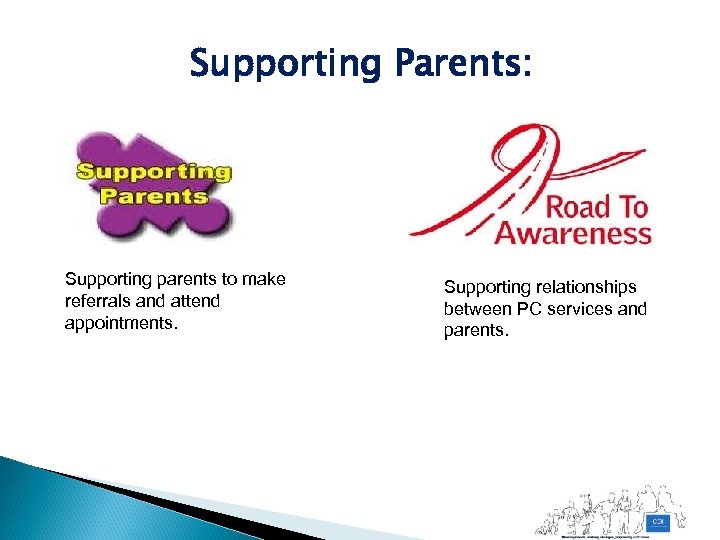 Supporting Parents: Supporting parents to make referrals and attend appointments. Supporting relationships between PC