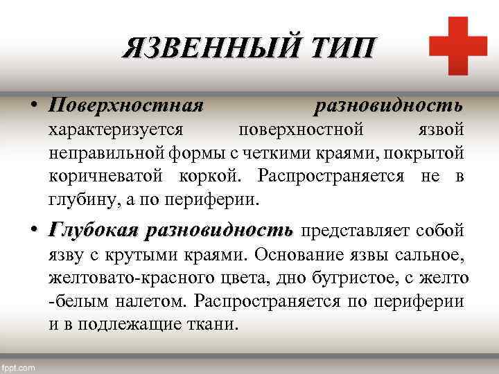 ЯЗВЕННЫЙ ТИП • Поверхностная разновидность характеризуется поверхностной язвой неправильной формы с четкими краями, покрытой