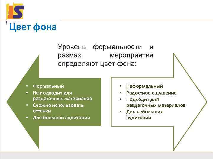 Фон 17 Цвет фона Уровень формальности и размах мероприятия определяют цвет фона: • Формальный