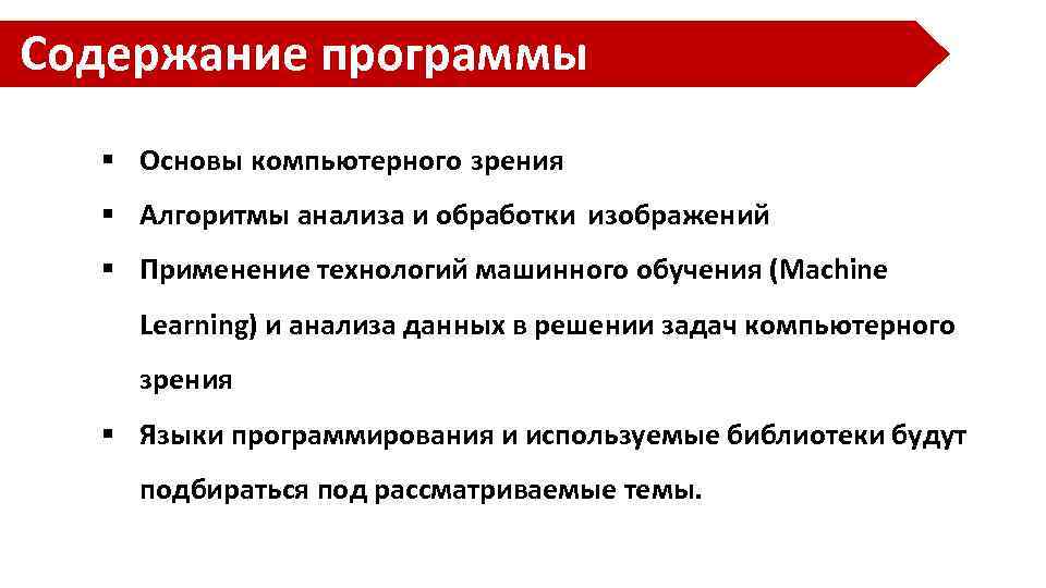 Содержание программы § Основы компьютерного зрения § Алгоритмы анализа и обработки изображений § Применение