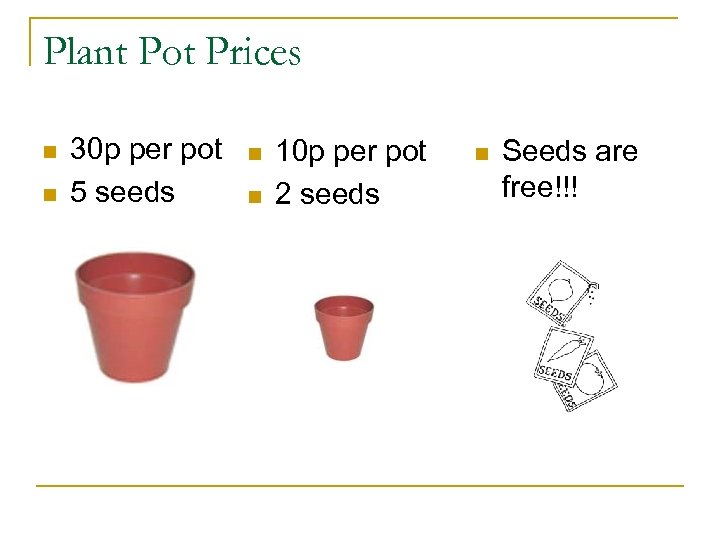 Plant Pot Prices n n 30 p per pot 5 seeds n n 10