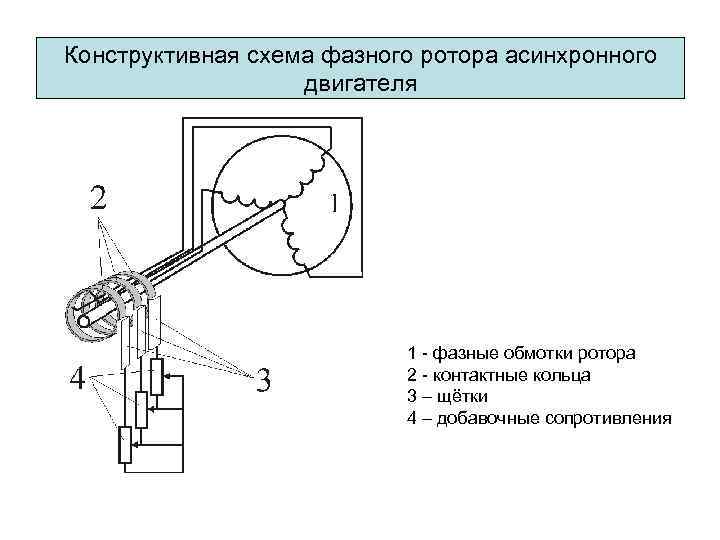 Конструктивная схема фазного ротора асинхронного двигателя 1 - фазные обмотки ротора 2 - контактные