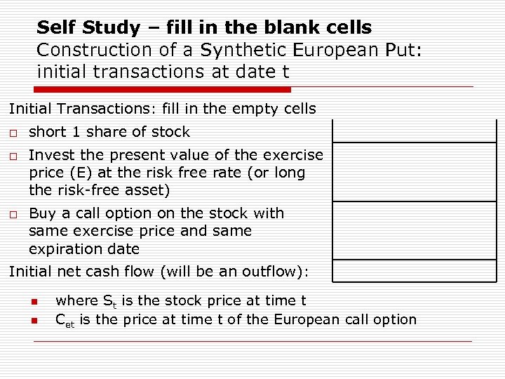 Self Study – fill in the blank cells Construction of a Synthetic European Put: