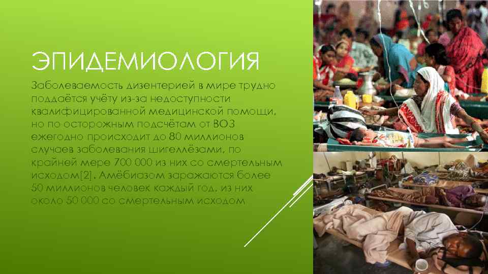 ЭПИДЕМИОЛОГИЯ Заболеваемость дизентерией в мире трудно поддаётся учёту из-за недоступности квалифицированной медицинской помощи, но