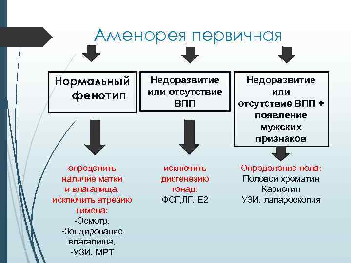 Аменорея первичная Нормальный фенотип Недоразвитие или отсутствие ВПП + появление мужских признаков определить наличие