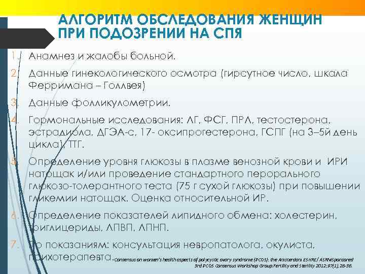 АЛГОРИТМ ОБСЛЕДОВАНИЯ ЖЕНЩИН ПРИ ПОДОЗРЕНИИ НА СПЯ 1. Анамнез и жалобы больной. 2. Данные