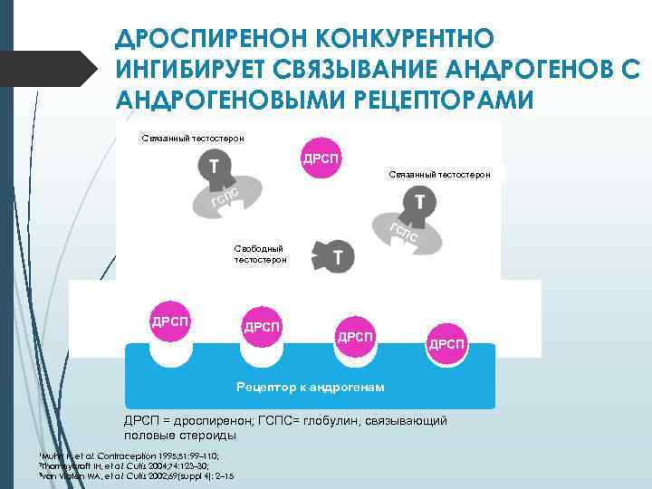 ДРОСПИРЕНОН КОНКУРЕНТНО ИНГИБИРУЕТ СВЯЗЫВАНИЕ АНДРОГЕНОВ С АНДРОГЕНОВЫМИ РЕЦЕПТОРАМИ Связанный тестостерон ДРСП Связанный тестостерон ПС