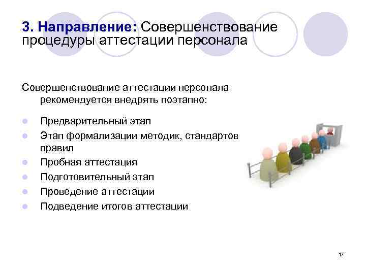 3. Направление: Совершенствование процедуры аттестации персонала Совершенствование аттестации персонала рекомендуется внедрять поэтапно: l l