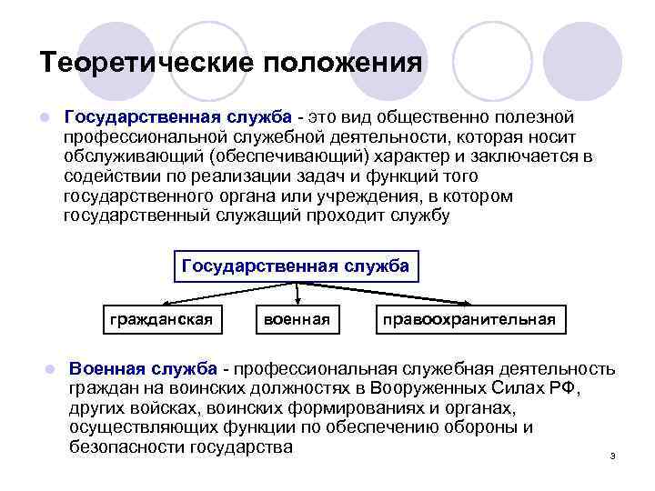 Теоретические положения l Государственная служба - это вид общественно полезной профессиональной служебной деятельности, которая