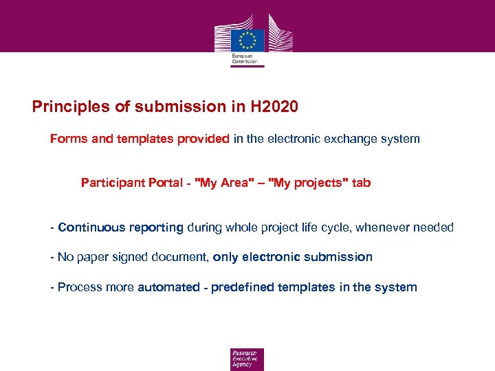 Principles of submission in H 2020 Forms and templates provided in the electronic exchange