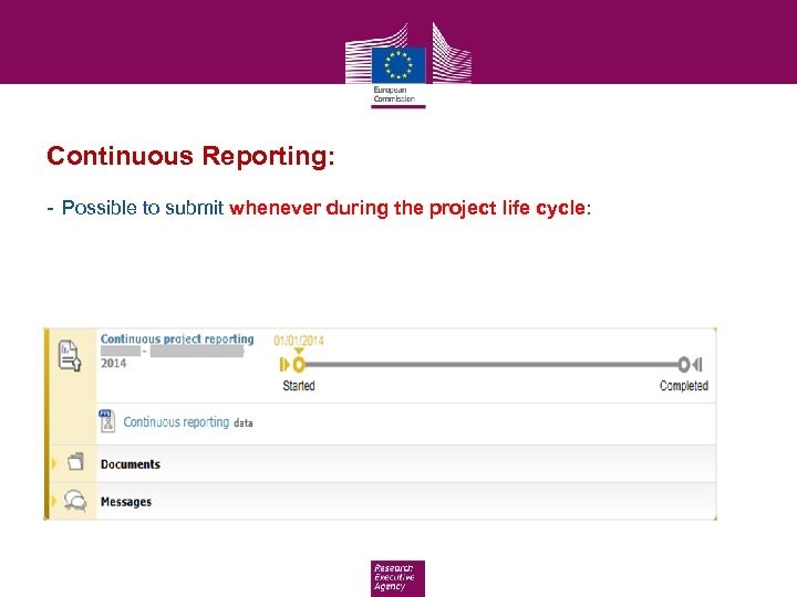 Continuous Reporting: - Possible to submit whenever during the project life cycle: 