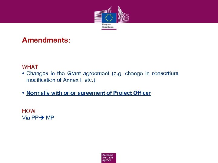 Amendments: WHAT • Changes in the Grant agreement (e. g. change in consortium, modification