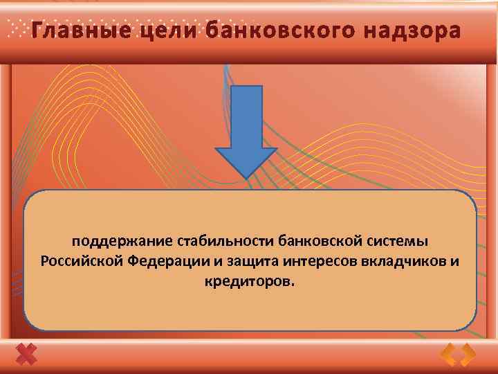 Главные цели банковского надзора поддержание стабильности банковской системы Российской Федерации и защита интересов вкладчиков