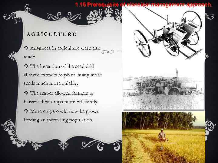 1. 15 Prerequisite of classical management approach. AGRICULTURE v Advances in agriculture were also