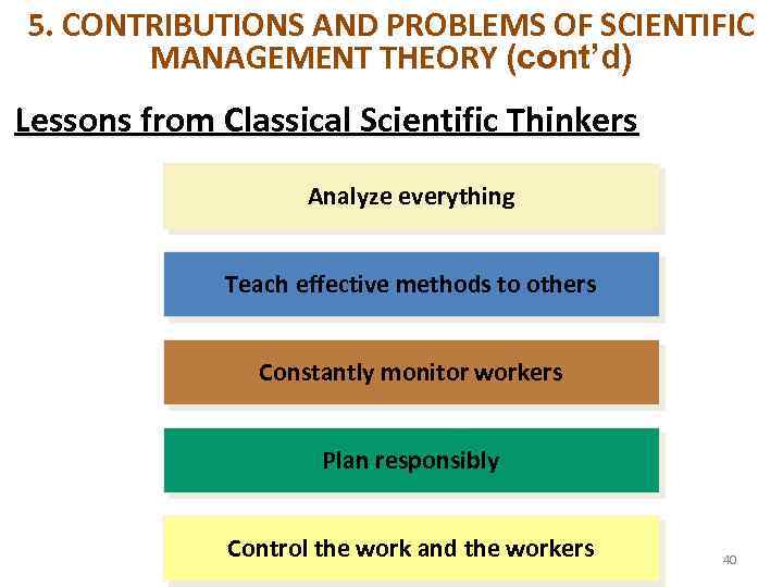 5. CONTRIBUTIONS AND PROBLEMS OF SCIENTIFIC MANAGEMENT THEORY (cont’d) Lessons from Classical Scientific Thinkers