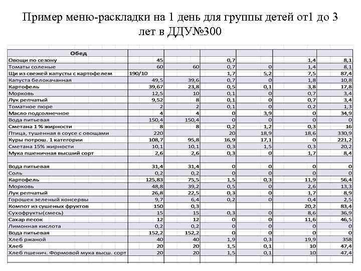 Меню раскладка в детском саду