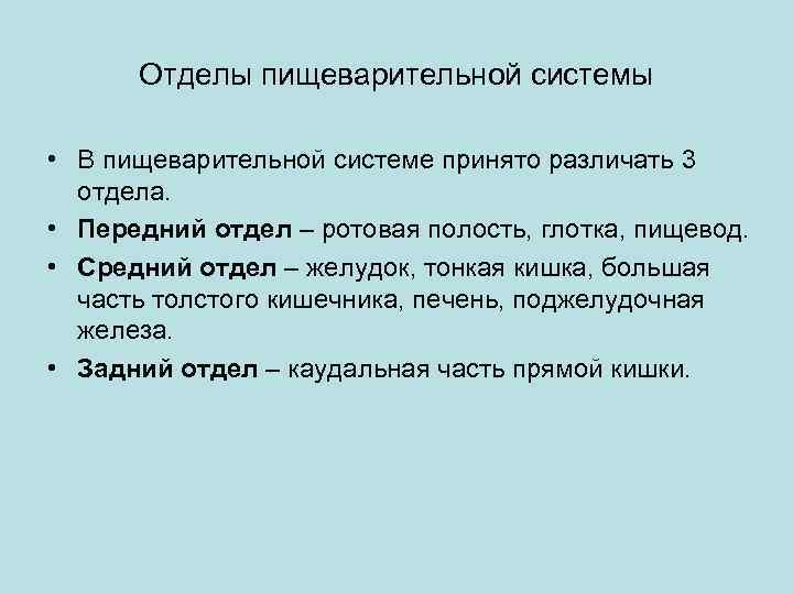 Отделы пищеварительной системы • В пищеварительной системе принято различать 3 отдела. • Передний отдел