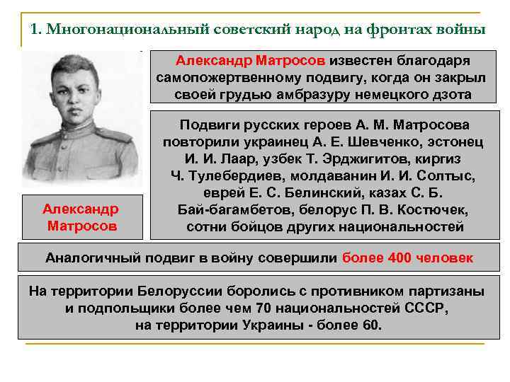 1. Многонациональный советский народ на фронтах войны Александр Матросов известен благодаря самопожертвенному подвигу, когда