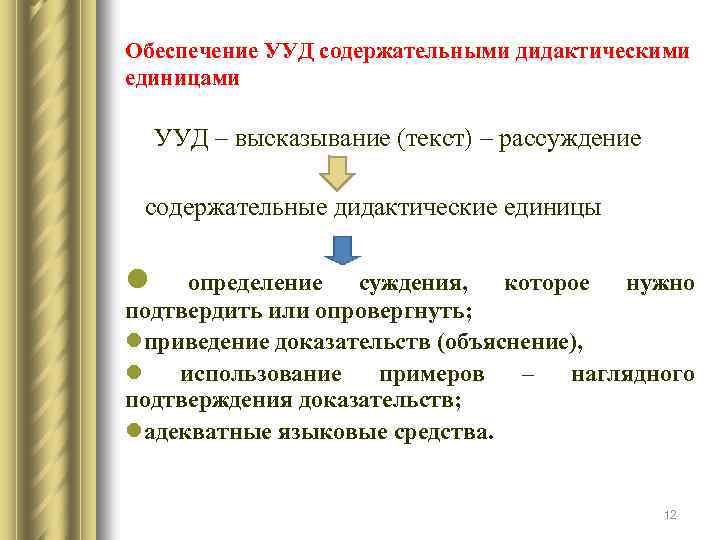 Обеспечение УУД содержательными дидактическими единицами УУД – высказывание (текст) – рассуждение содержательные дидактические единицы