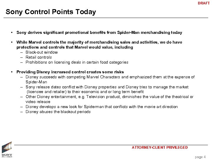 DRAFT Sony Control Points Today • Sony derives significant promotional benefits from Spider-Man merchandising