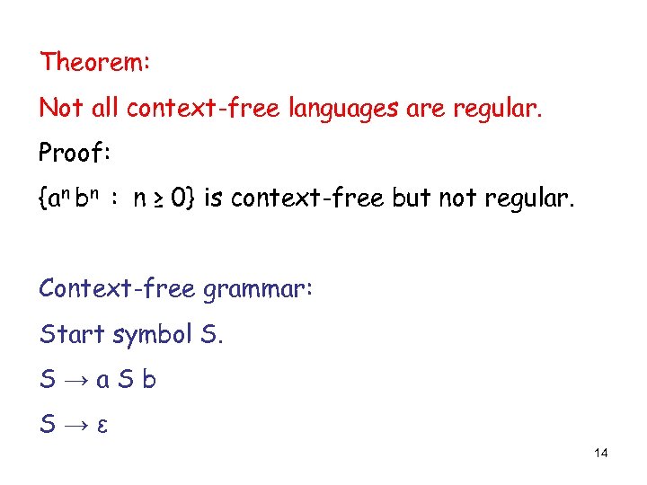 Theorem: Not all context-free languages are regular. Proof: {an bn : n ≥ 0}