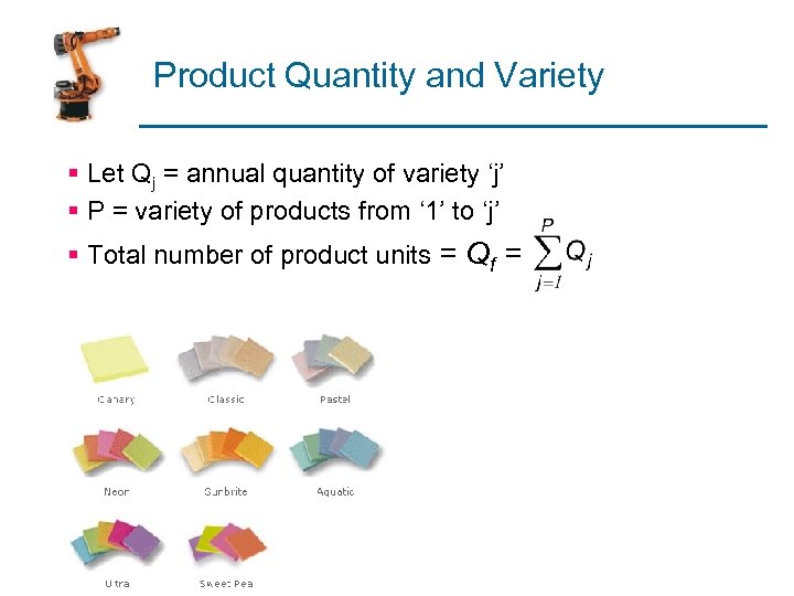 Product Quantity and Variety § Let Qj = annual quantity of variety ‘j’ §