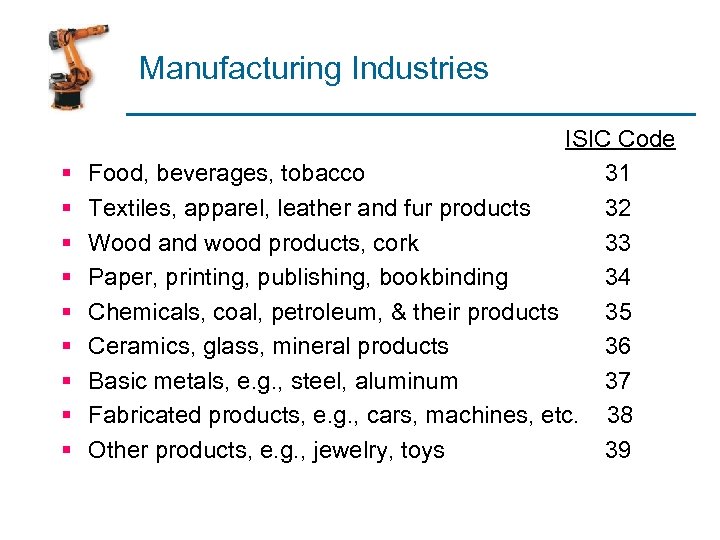 Manufacturing Industries § § § § § ISIC Code Food, beverages, tobacco 31 Textiles,